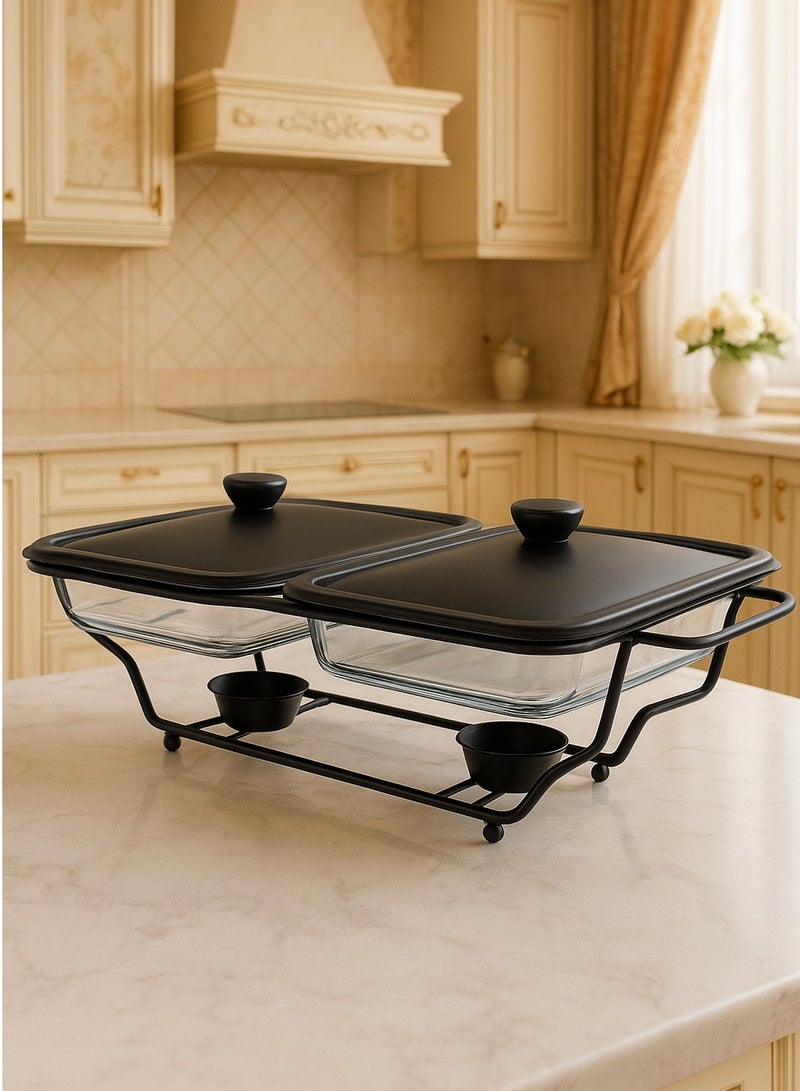 HOMEVEO Double glass buffet warmer with lid and high-quality metal frame – 1.5 liter capacity, elegant design for hospitality. - Image 1