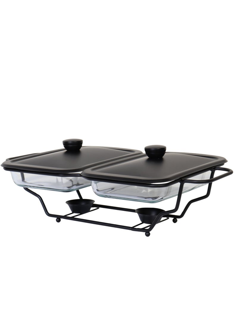 HOMEVEO Double glass buffet warmer with lid and high-quality metal frame – 1.5 liter capacity, elegant design for hospitality. - Image 2