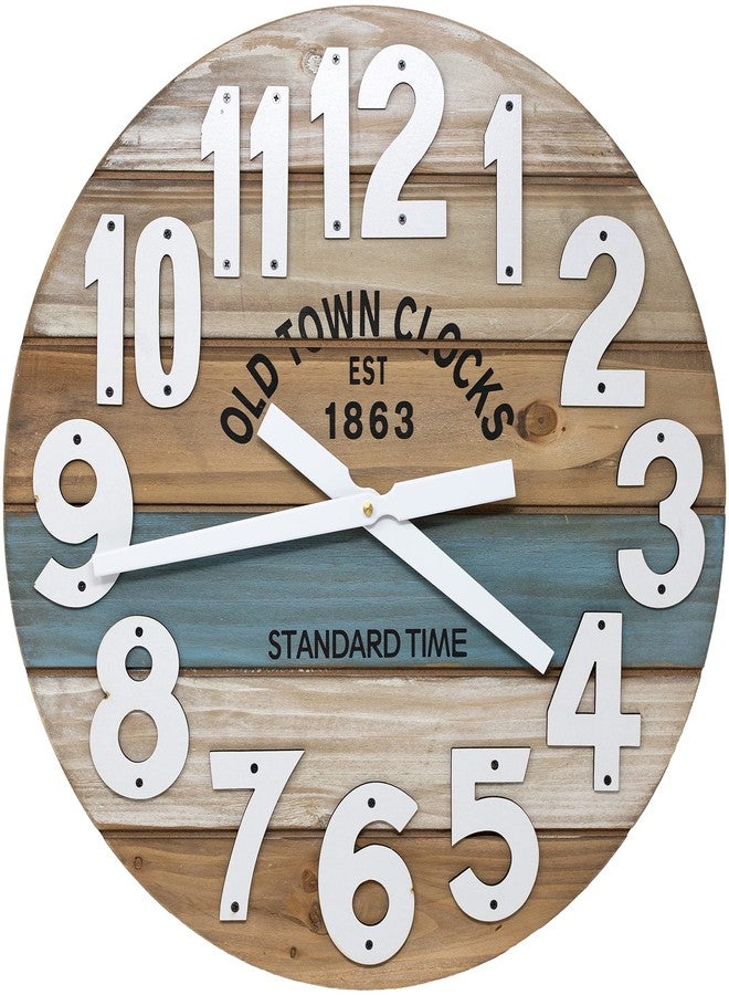 Oldtown Clocks ساعة حائط خشبية متعددة الألوان من أولد تاون كلوكس، مقاس 18 بوصة، بتصميم بحري ساحلي ورقم كبير (أزرق، 18 بوصة) - Image 1