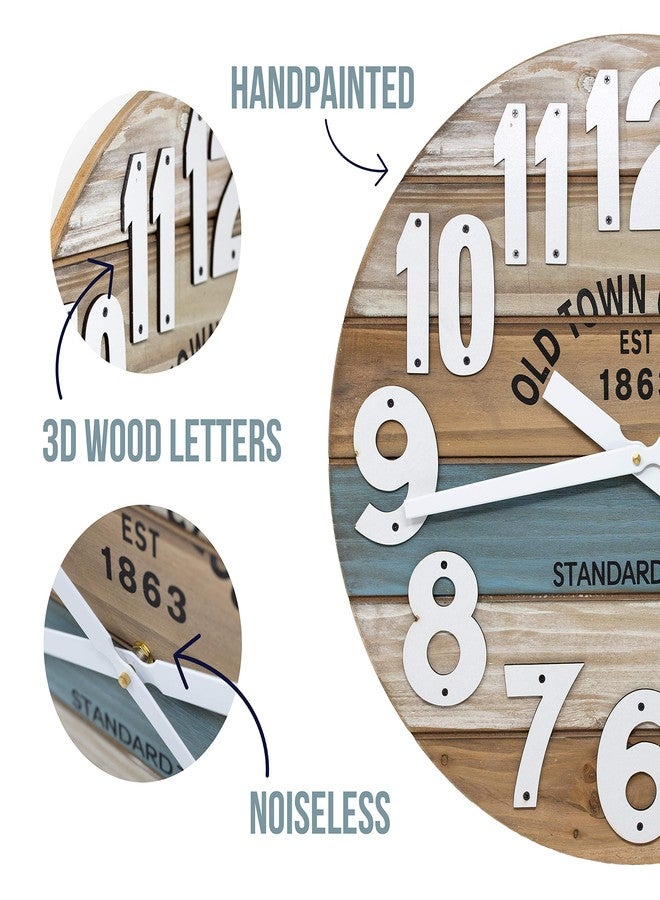 Oldtown Clocks ساعة حائط خشبية متعددة الألوان من أولد تاون كلوكس، مقاس 18 بوصة، بتصميم بحري ساحلي ورقم كبير (أزرق، 18 بوصة) - Image 3