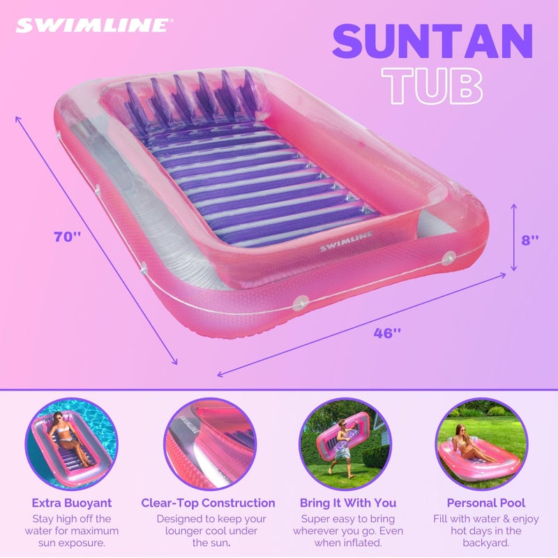 SWIMLINE ORIGINAL Suntan Tub 1-PACK Classic Inflatable Tanning Float Floating Lounge | Pink Personal Tan Pool Hybrid Lounger | Adjustable Pillow | Fill With Water | Reflective Tanning Design - Image 2