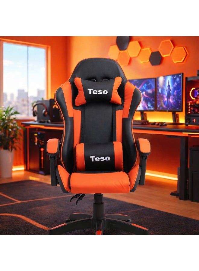 تيسو كرسي ألعاب مريح بتصميم هندسي، كرسي مكتب سباق بظهرٍ عالٍ من جلد PU مع دعم أسفل الظهر قابل للتعديل، كرسي مكتب كمبيوتر دوّار - Image 1