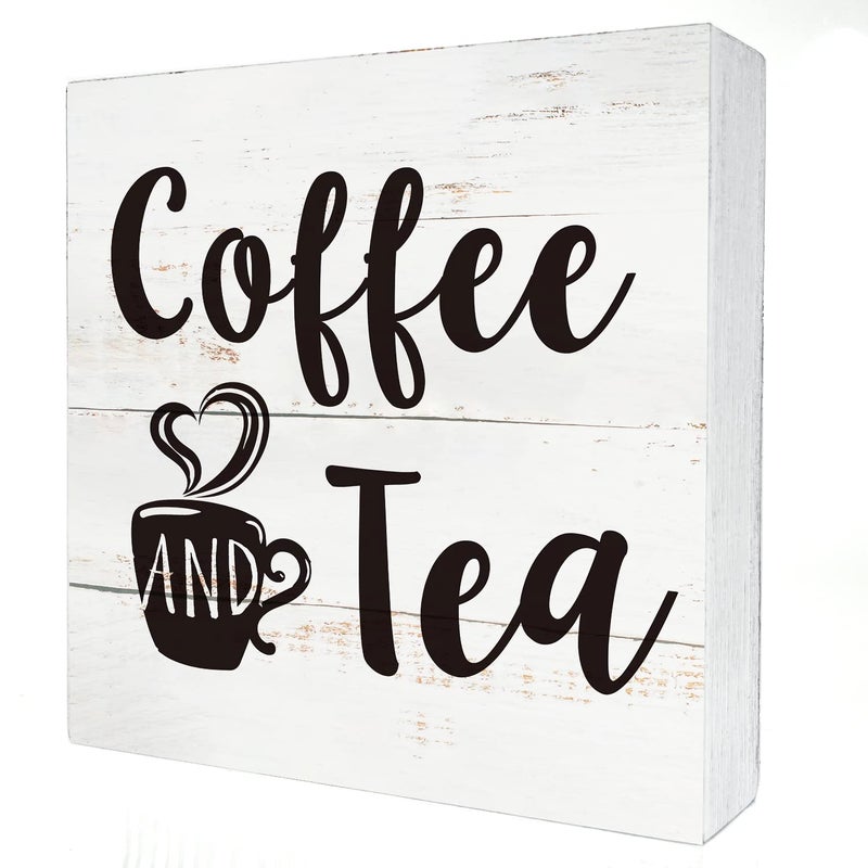 HDKY Coffee and Tea Wood Box Sign Kitchen Home Decor  Rustic Funny Coffee Wooden Box Sign Block Plaque for Wall Tabletop Desk Decoration - Image 1