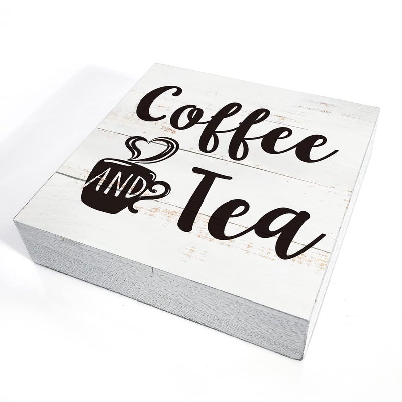HDKY Coffee and Tea Wood Box Sign Kitchen Home Decor  Rustic Funny Coffee Wooden Box Sign Block Plaque for Wall Tabletop Desk Decoration - Image 3