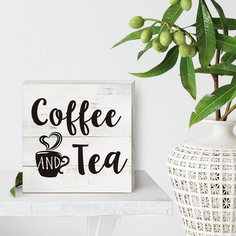 HDKY Coffee and Tea Wood Box Sign Kitchen Home Decor  Rustic Funny Coffee Wooden Box Sign Block Plaque for Wall Tabletop Desk Decoration - Image 4