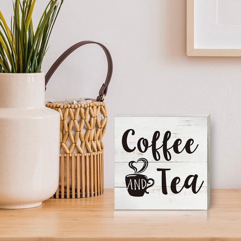 HDKY Coffee and Tea Wood Box Sign Kitchen Home Decor  Rustic Funny Coffee Wooden Box Sign Block Plaque for Wall Tabletop Desk Decoration - Image 5