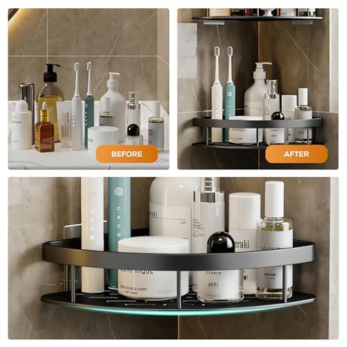 MIORAH Self Adhesive Adjustable Bathroom Organizer Corner Shelf – Rustproof Powder Coated ABS – Wall Mounted Storage No Drilling Required Black Pack of 2 - Image 5