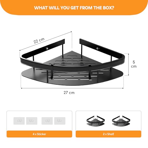 MIORAH Self Adhesive Adjustable Bathroom Organizer Corner Shelf – Rustproof Powder Coated ABS – Wall Mounted Storage No Drilling Required Black Pack of 2 - Image 2