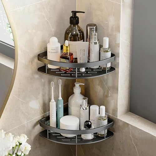 MIORAH Self Adhesive Adjustable Bathroom Organizer Corner Shelf – Rustproof Powder Coated ABS – Wall Mounted Storage No Drilling Required Black Pack of 2 - Image 1