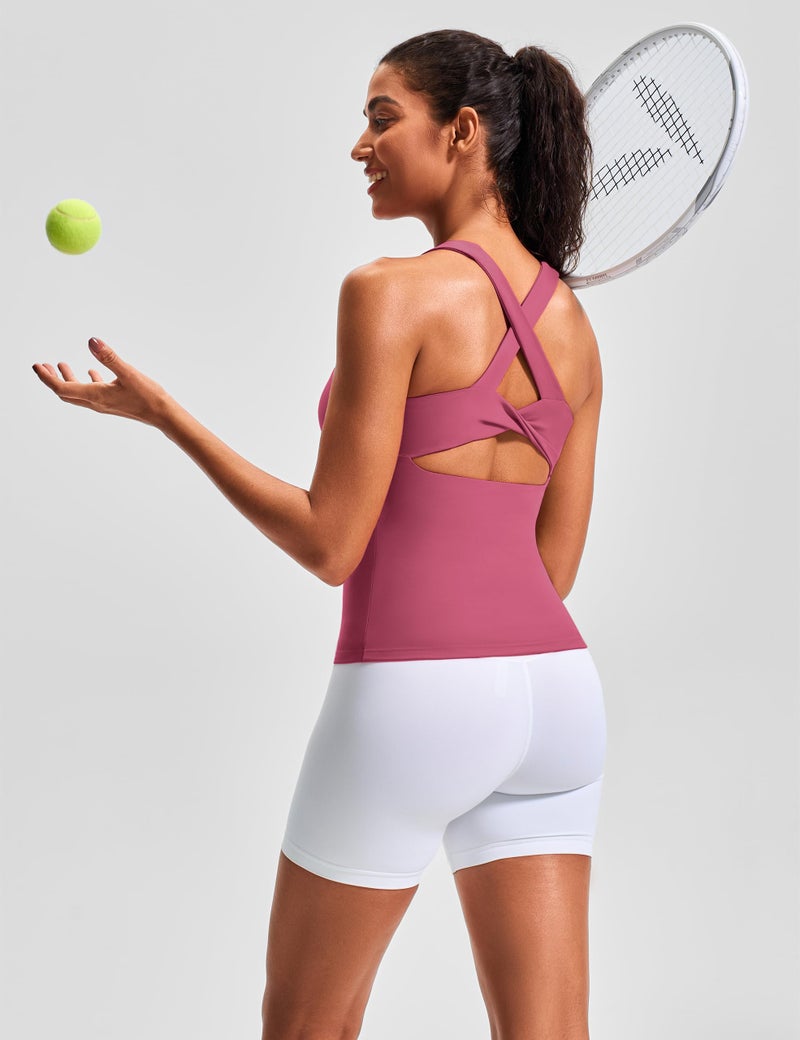 JOYSPELS Workout Tank Top with Built-in Bra for Women â€“ Cross Back Athletic Yoga Tops Breathable Stretchy Sports Camisole for Gym Pilates Rose - Image 5