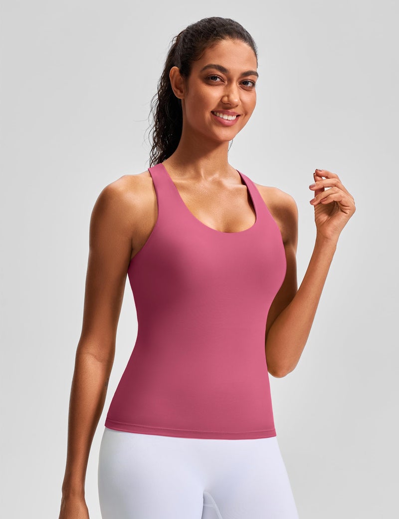 JOYSPELS Workout Tank Top with Built-in Bra for Women â€“ Cross Back Athletic Yoga Tops Breathable Stretchy Sports Camisole for Gym Pilates Rose - Image 2