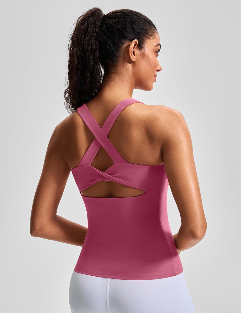 JOYSPELS Workout Tank Top with Built-in Bra for Women â€“ Cross Back Athletic Yoga Tops Breathable Stretchy Sports Camisole for Gym Pilates Rose - Image 4