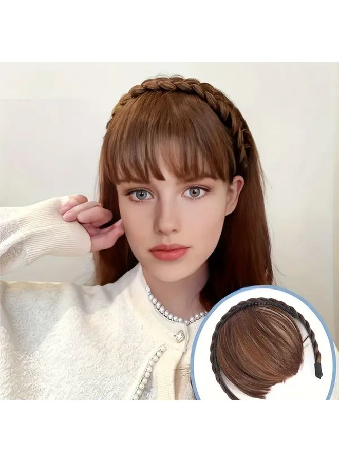 Light Brown Synthetic Hair Hoop Headband With Bangs 6 Inch Braids For Women - Image 1