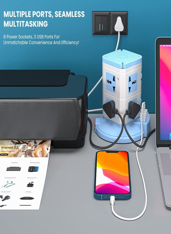 بورترونيكس لوحة الطاقة Portronics 9 مزودة بـ 3 منافذ USB + 8 مقابس طاقة، محول طاقة، خرج طاقة 2500 واط، منفذ شحن USB بقوة 2.1 أمبير، طول السلك 3 أمتار (أزرق) - Image 2