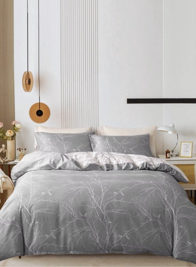 LUNA Home Queen size 6 pieces Reversible Duvet Cover Set Stone Gray Twigs Design - Image 1