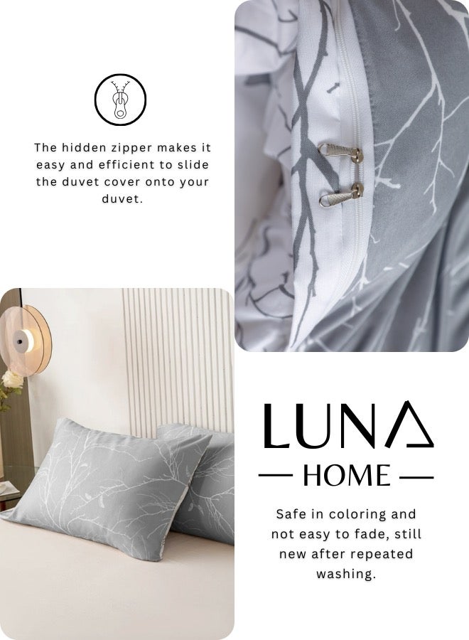 LUNA Home Queen size 6 pieces Reversible Duvet Cover Set Stone Gray Twigs Design - Image 5