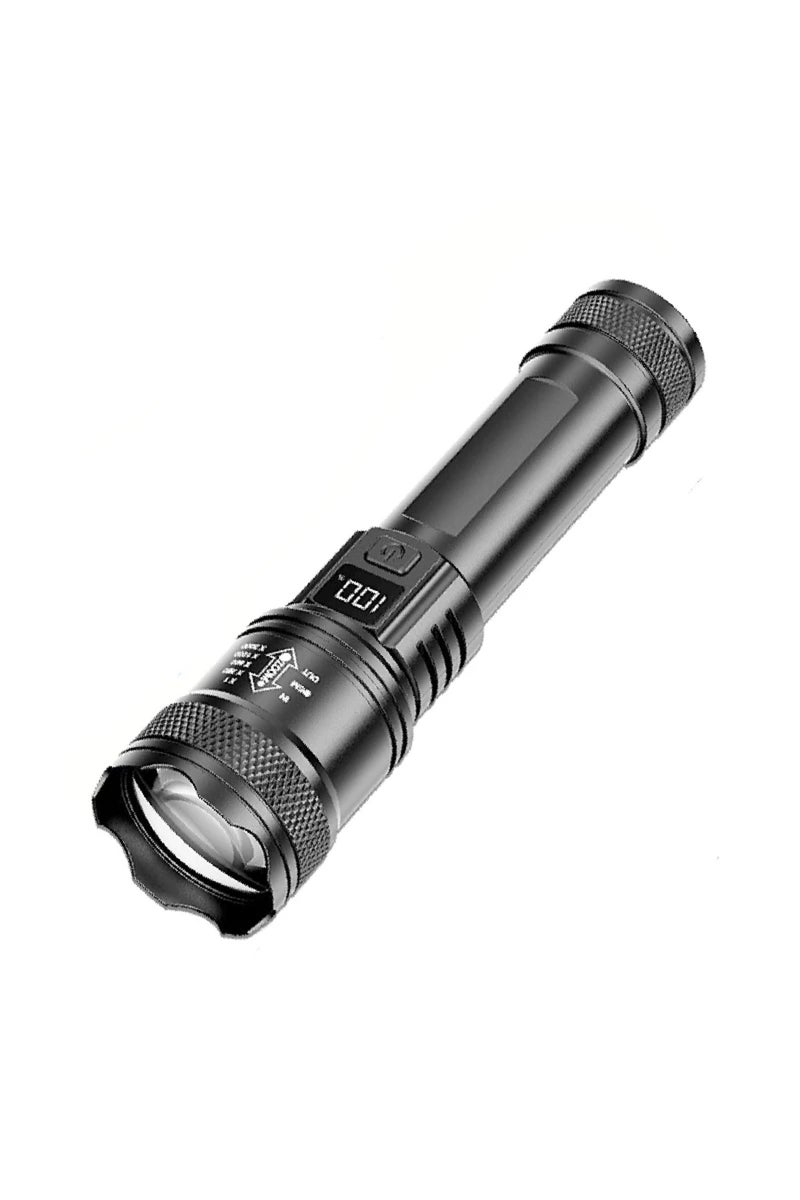 إيروريكس مصباح يدوي LED قوي بقوة 9900 لومن، مزود بشاشة عرض للبطارية، قابل لإعادة الشحن عبر منفذ USB، مع خاصية التكبير/التصغير التلسكوبي.