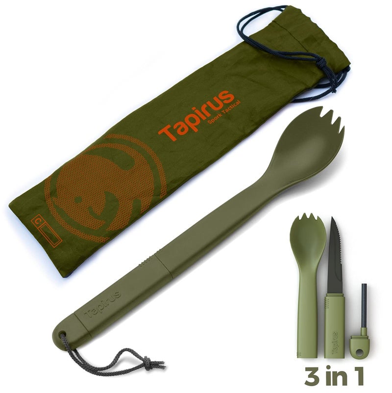 Tapirus Tapirus Spork Tactical Green  BPA Free Spoon Fork Stainless Steel Knife and Fire Starter  3 in 1 multipurpose utensil  Outdoor hiking camping  backpacking gear  Fit for MRE