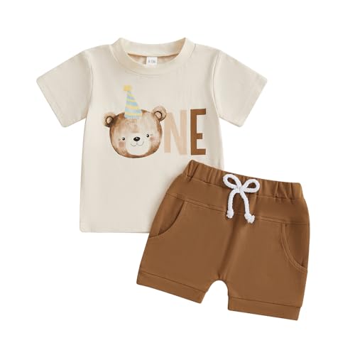 Frietlebird First Birthday Outfit Boy 1st Birthday Outfit Boy Beary First Short Sleeve Bear Print Shirt Shorts Set Cake Smash Clothes ABeige Brown1218 Months - Image 1
