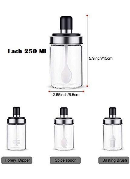 Onlyeasy - Onlyeasy Borosilicate Glass 3 Pcs Storage Container Condiment Jars Set with Spoon, Brush, Honey Dipper Stick for Kitchen (250Ml,3pc) - Image 1