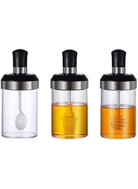 Onlyeasy Borosilicate Glass 3 Pcs Storage Container Condiment Jars Set with Spoon, Brush, Honey Dipper Stick for Kitchen (250Ml,3pc)