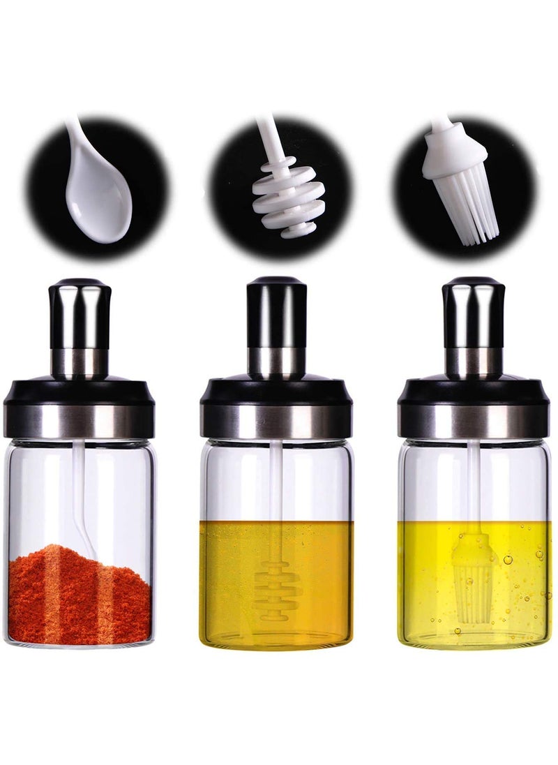 Onlyeasy - Onlyeasy Borosilicate Glass 3 Pcs Storage Container Condiment Jars Set with Spoon, Brush, Honey Dipper Stick for Kitchen (250Ml,3pc) - Image 1