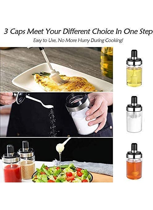 Onlyeasy - Onlyeasy Borosilicate Glass 3 Pcs Storage Container Condiment Jars Set with Spoon, Brush, Honey Dipper Stick for Kitchen (250Ml,3pc) - Image 1