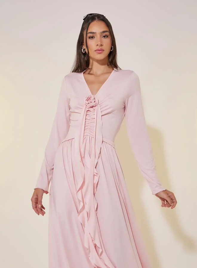 تايك تو Solid Ruffled Hem V-Neck Maxi Dress