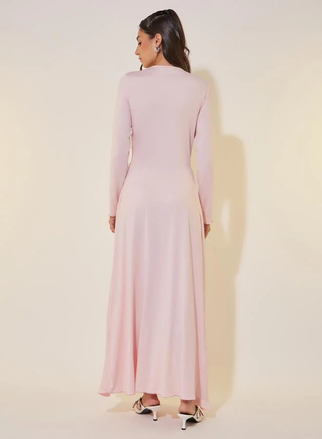 تايك تو Solid Ruffled Hem V-Neck Maxi Dress
