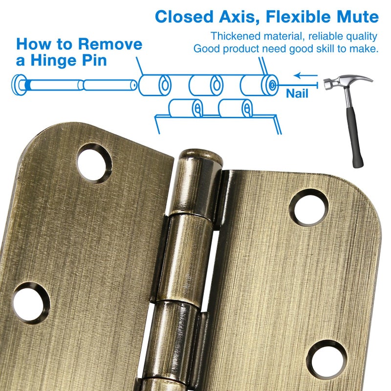 TDCHINGES 18 Pack Door Hinges Antique Brass 3.5 Inch Interior 3 1/2" Round 5/8" Radius Heavy Duty Metal Hardware Kit 3 Â½" 5/8" Radius Flat Hinge for Bifold Doors Decor Master Bedroom Storage Room - Image 4