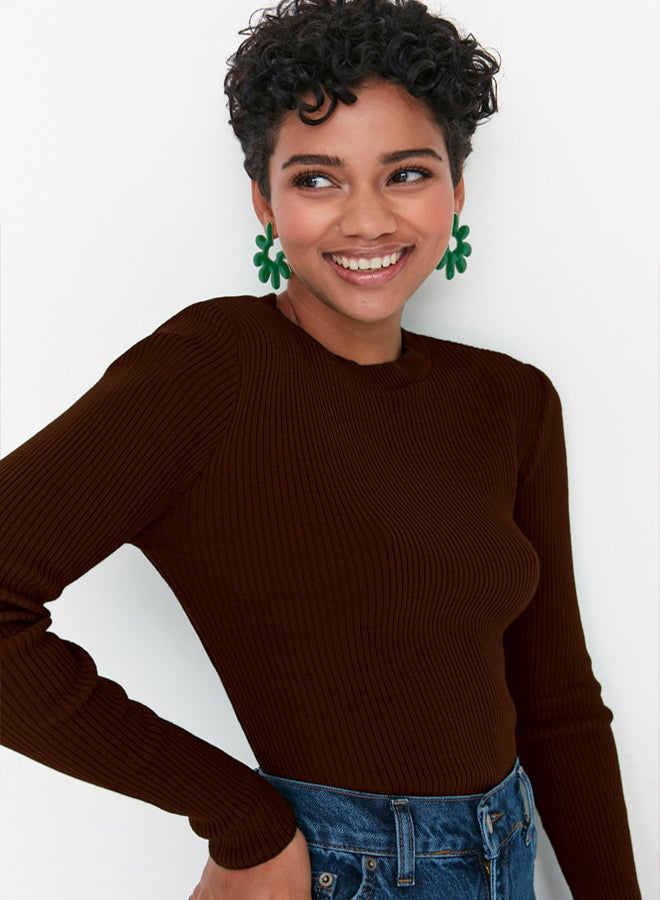 trendyol Brown Basic Ribbed Knitwear Sweater - Image 4