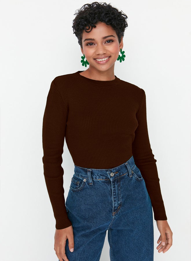 trendyol Brown Basic Ribbed Knitwear Sweater - Image 1