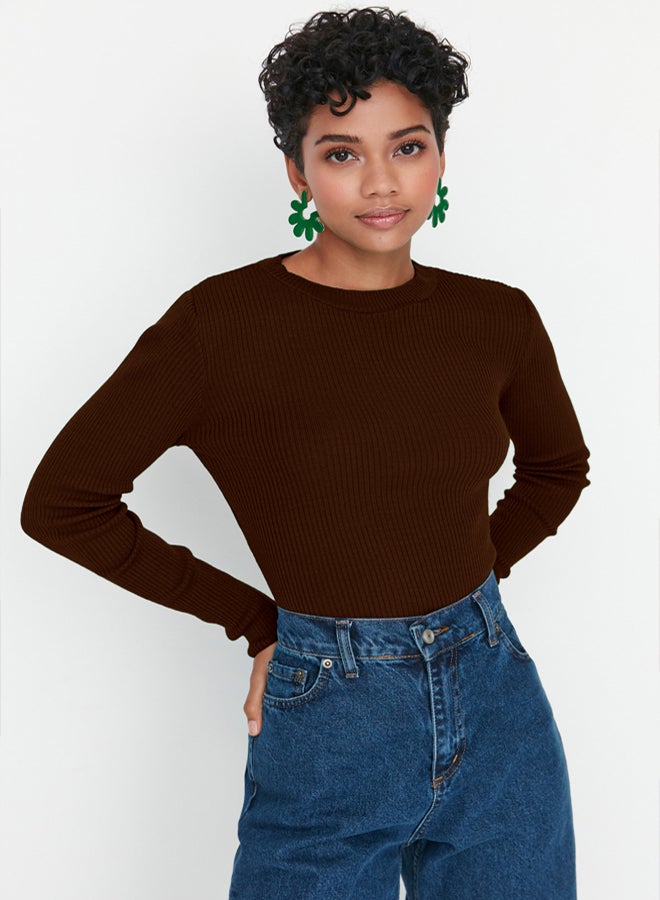 trendyol Brown Basic Ribbed Knitwear Sweater - Image 3