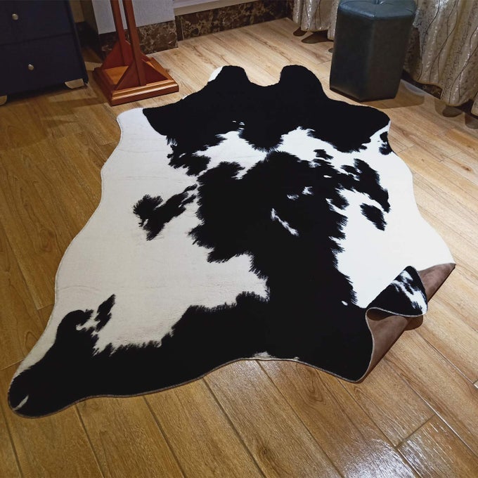 FAUX FUR BLACK AND WHITE COWHIDE RUG46 X 66 FEET COW SKIN AREA RUG LARGE SIZE 46X66 BLACK AND WHITE