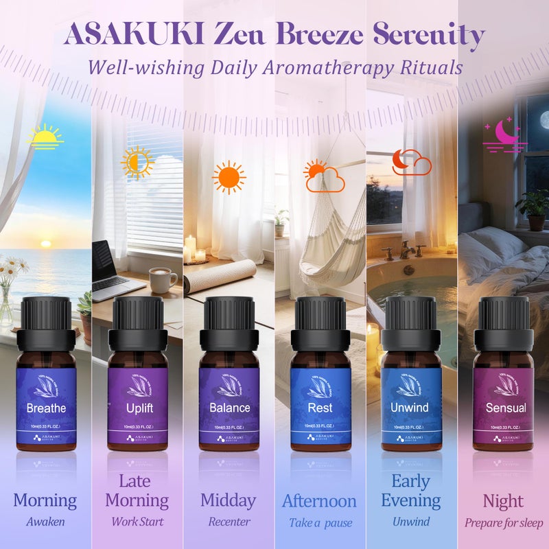 ASAKUKI زيوت أساسية ASAKUKI للناشر - 6 خلطات زيوت أساسية للمزاج (تنفس، رفع، حسي، توازن، استرخاء، راحة) للطقوس من الصباح إلى الليل، للاستخدام المنزلي واليومي - Image 2