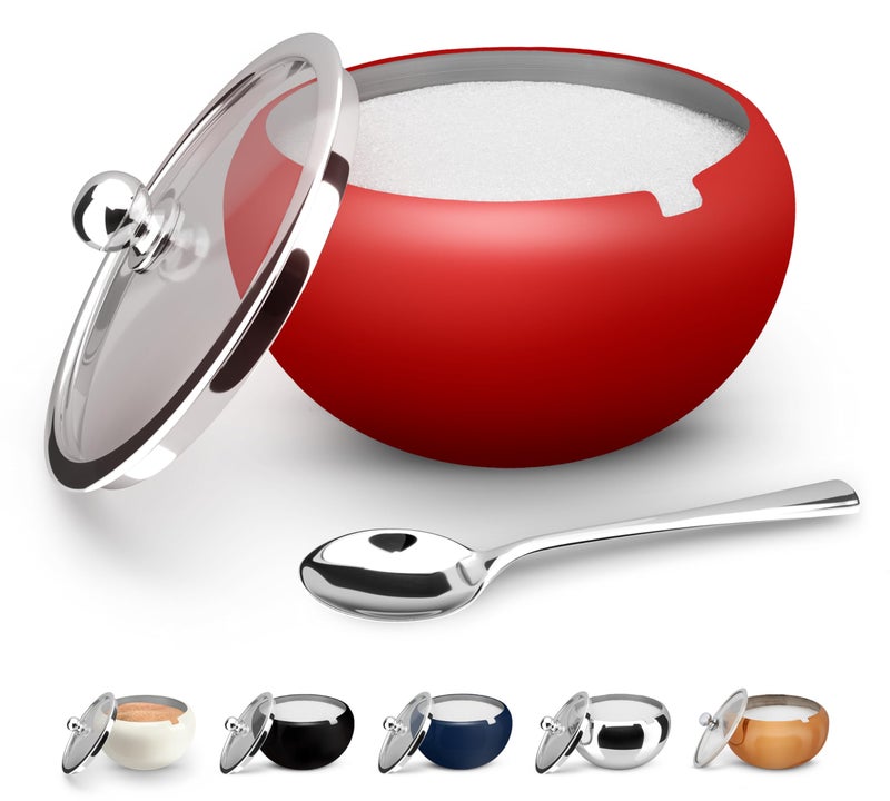 وعاء سكر من الفولاذ المقاوم للصدأ مع غطاء وملعقة - طبق تقديم - غطاء زجاجي شفاف - تخزين للملح والحلويات والقهوة - سعة 2 كوب - آمن في غسالة الصحون - 16 أونصة - وردي غير لامع