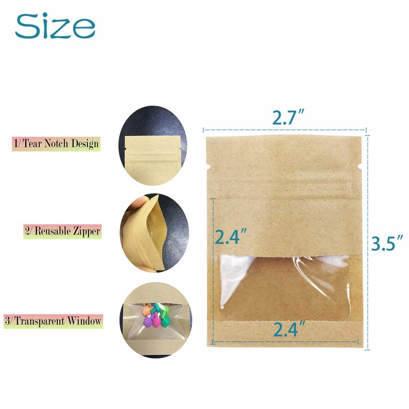 BOBECI 100 PackClear Window Airtight Brown Kraft Paper for Zip Food Storage Lock Small Mini Papar Bags Seed Saving Reclosable Seal Zipper Pouch Coffee Packaging Sample Bags for Small Business 2.75x3.5" - Image 5