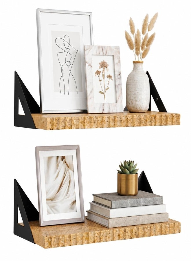 MOXLY Hanging Wall Shelves Set of 2 - Wood Wall Shelves with Gold Accents for Bathroom, Bedroom, Living Room - Heavy Duty Wall Mounted Storage & Decor Shelves with Metal Brackets, Easy Install - Image 1