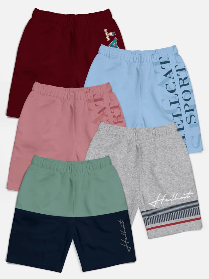 HELLCAT Pack of 5 Trendy Typographic Printed Mid Rise Shorts for Boys - Sea Green/Grey Melange/Pink/Sky Blue /Burgundy_5-6 Years - Image 2