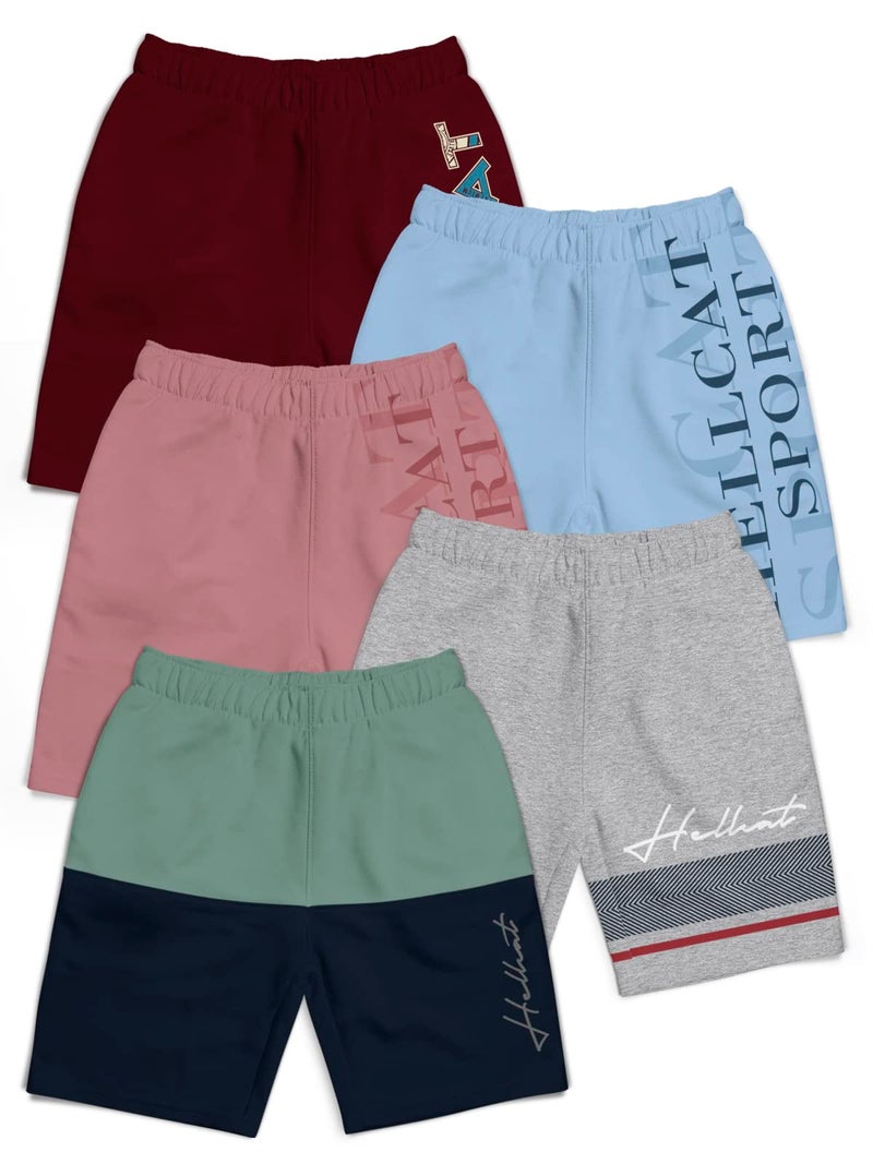 HELLCAT Pack of 5 Trendy Typographic Printed Mid Rise Shorts for Boys - Sea Green/Grey Melange/Pink/Sky Blue /Burgundy_5-6 Years - Image 1