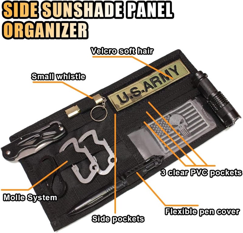GLSOWEE Car Molle Visor Panel, Car Sun Visor Organizer Tactical Storage Holder Pouch, Nylon Sunshade Bag with Velcro Strap for Pen Card Sunglass, Visor Accessories for Car SUV Truck (Black) - Image 3