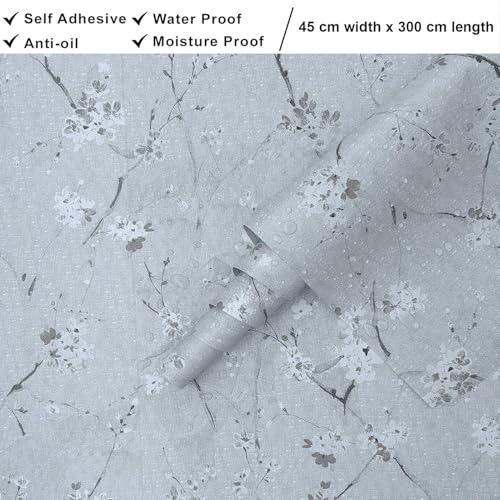 ROSASTELLA Self Adhesive Decorative Peel Stick Waterproof Floral Wallpaper Wall Decor Removable Wall Sticker for Living Room Hall Decoration PVC Vinyl DIY Wall Stickers 45x304cm (Grey Cherry) - Image 4