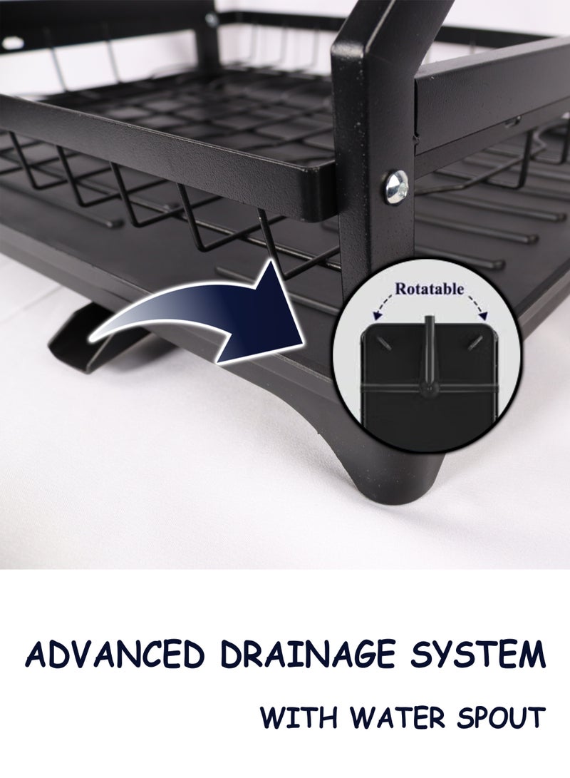 Toshionics 2 Tier Foldable Dish Drying Rack with Drainboard Tray, Rotatable Drainage System, Scratch Resistant Frosted Baking Process Coatings, Black T114616 - Image 3