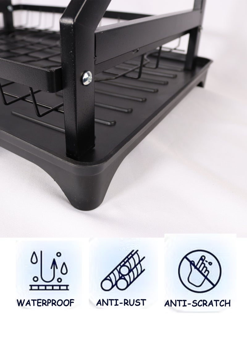 Toshionics 2 Tier Foldable Dish Drying Rack with Drainboard Tray, Rotatable Drainage System, Scratch Resistant Frosted Baking Process Coatings, Black T114616 - Image 2