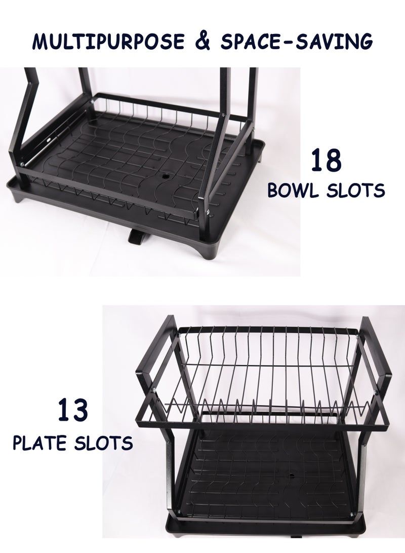 Toshionics 2 Tier Foldable Dish Drying Rack with Drainboard Tray, Rotatable Drainage System, Scratch Resistant Frosted Baking Process Coatings, Black T114616 - Image 4