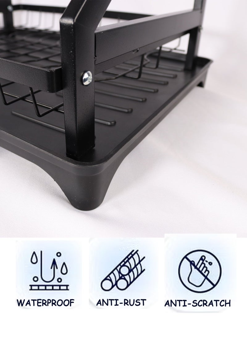 Toshionics 2-Tier Dish Drying Rack with Drainboard Tray, Rotatable Drainage System, Scratch-Resistant Frosted Baking Coating, Black T114616 - Image 3