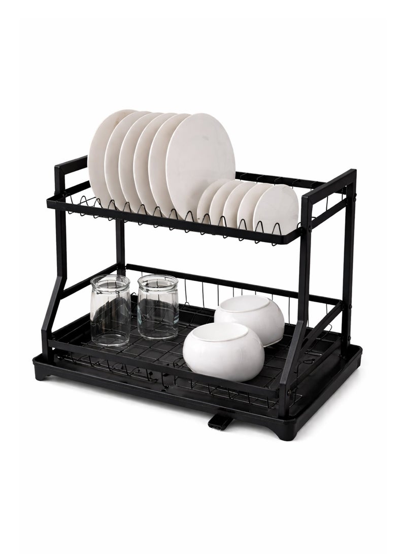 Toshionics 2-Tier Dish Drying Rack with Drainboard Tray, Rotatable Drainage System, Scratch-Resistant Frosted Baking Coating, Black T114616 - Image 1
