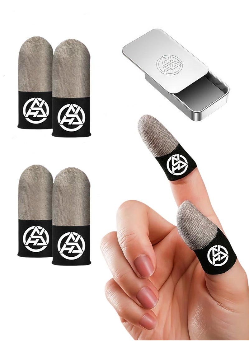 Leon Home A box of four anti-slip gaming finger sleeves, mobile gaming finger sleeves with metal storage box, 100% visible silver fiber, moderate pressure/breathable/sweat-proof (silver black)  - Image 1