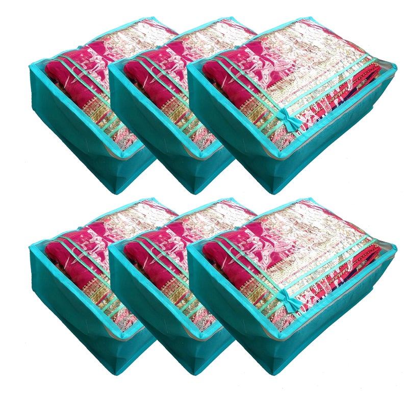 DIKHAWA Non Woven Transparent Top Saree Cover Bag, Cloth Cover Set for Storage with Zip (Set of 6_Green_43X33X18CM) - Image 1