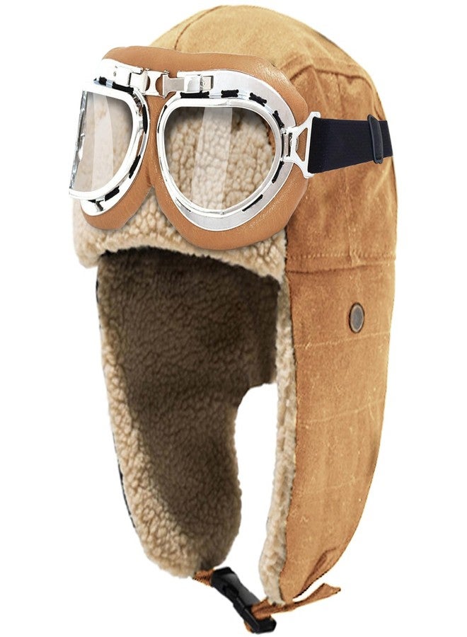 Peicees Vintage Aviator Hat and Goggles Costume Accessories Fur Ear Flaps Trooper Trapper Pilot Cap for Men Women, Khaki Hat with Copper Goggles - Image 1
